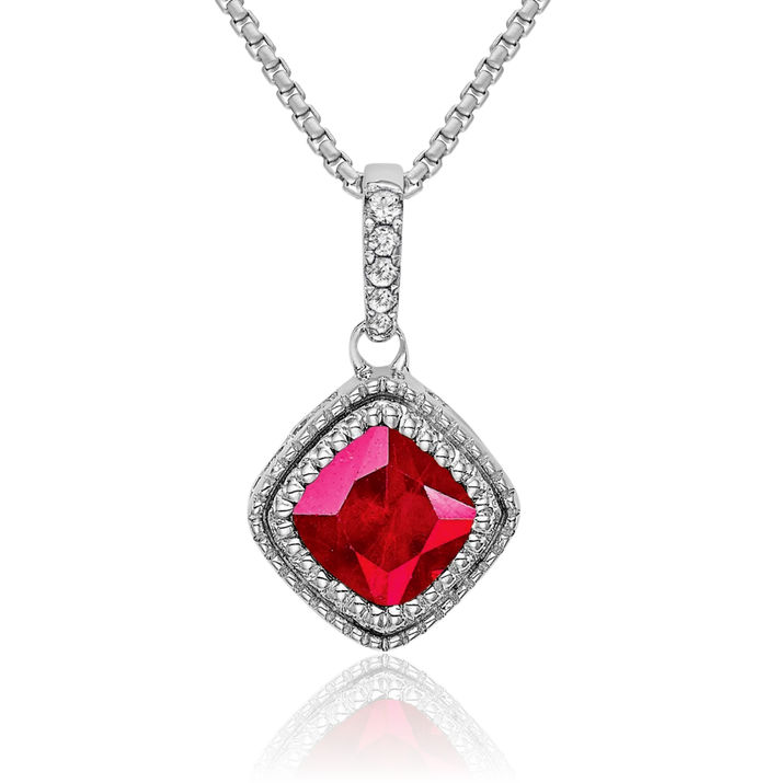 10K Solid White Gold Cushion-Cut Red Ruby Diamond Geometric Necklace Charm Gemstone Pendant