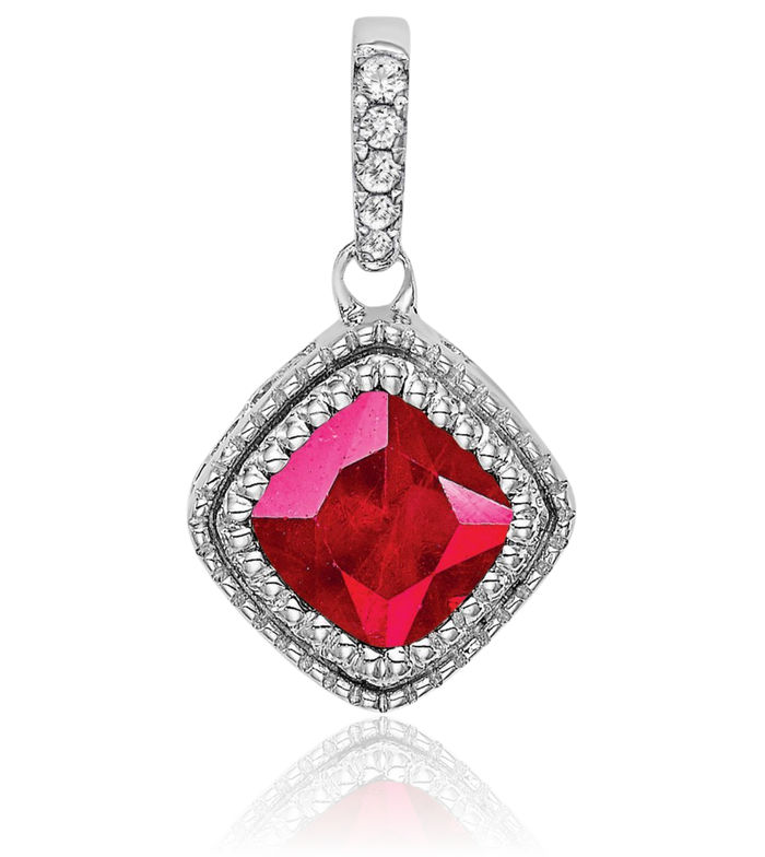 10K Solid White Gold Cushion-Cut Red Ruby Diamond Geometric Necklace Charm Gemstone Pendant