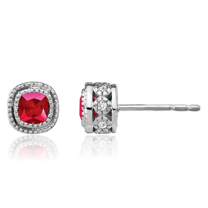 10K Solid White Gold Cushion-Cut Red Ruby Diamond Stud Solitaire Earrings July Birthstone Jewelry