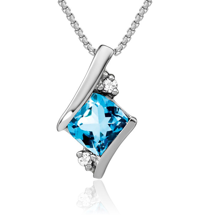 10K Solid White Gold Cushion-Cut Swiss Blue Topaz Diamond Floating Chain Slide Gemstone Pendant Necklace Charm December Birthstone Jewelry