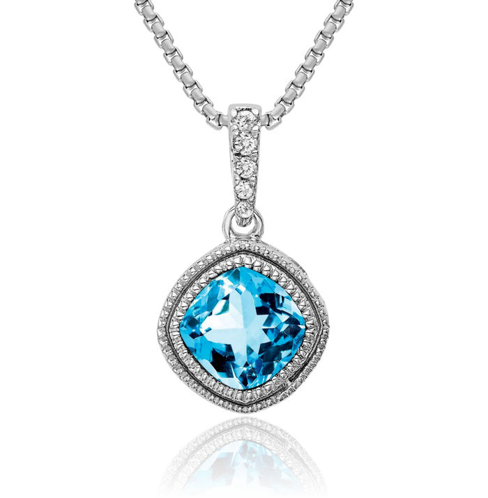 10K Solid White Gold Cushion-Cut Swiss Blue Topaz Diamond Necklace Charm Gemstone Pendant