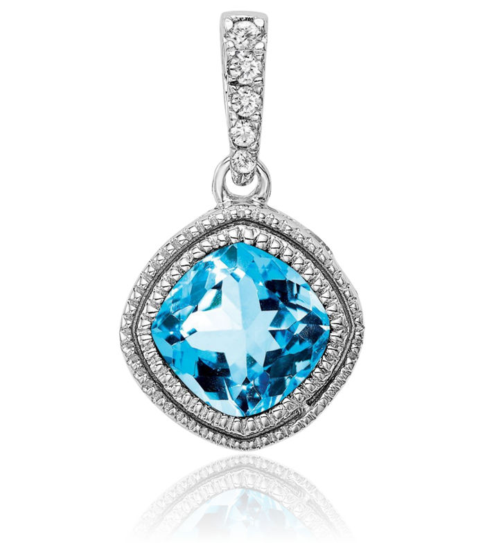 10K Solid White Gold Cushion-Cut Swiss Blue Topaz Diamond Necklace Charm Gemstone Pendant