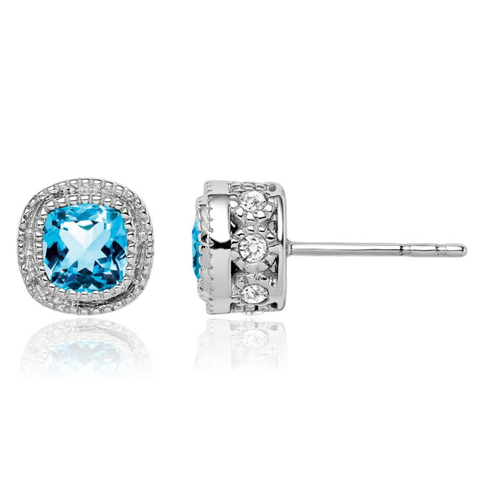 10K Solid White Gold Cushion-Cut Swiss Blue Topaz Diamond Stud Solitaire Earrings December Birthstone Jewelry