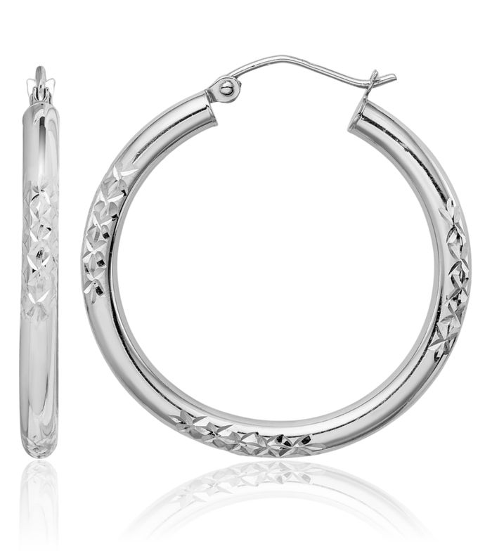 10K Solid White Gold Cut 3mm Round Medium Hoop Earrings