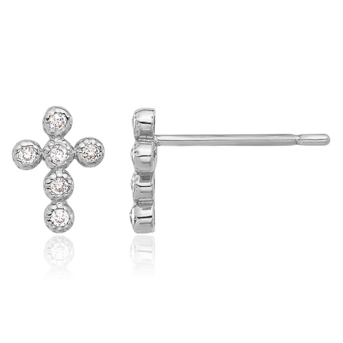 10K Solid White Gold Cubic Zirconia CZ Holy Cross Drop Dangle Christian Religious Stud Earrings