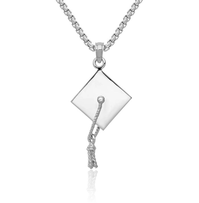 10K Solid White Gold Dangling Graduation Cap Tassle Necklace Chain Pendant Charm