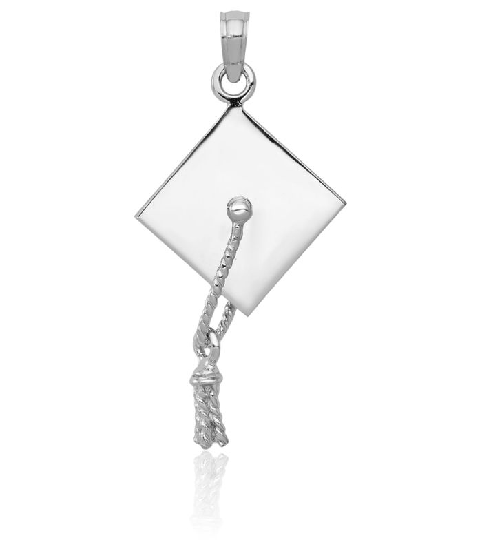 10K Solid White Gold Dangling Graduation Cap Tassle Necklace Chain Pendant Charm