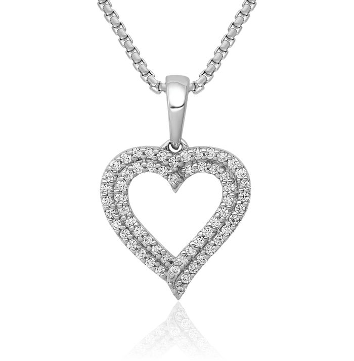 10K Solid White Gold Diamond 2 Row Heart Necklace Love Pendant Charm