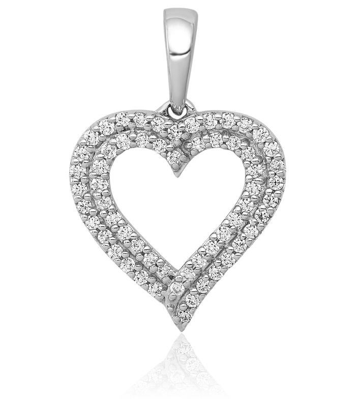 10K Solid White Gold Diamond 2 Row Heart Necklace Love Pendant Charm