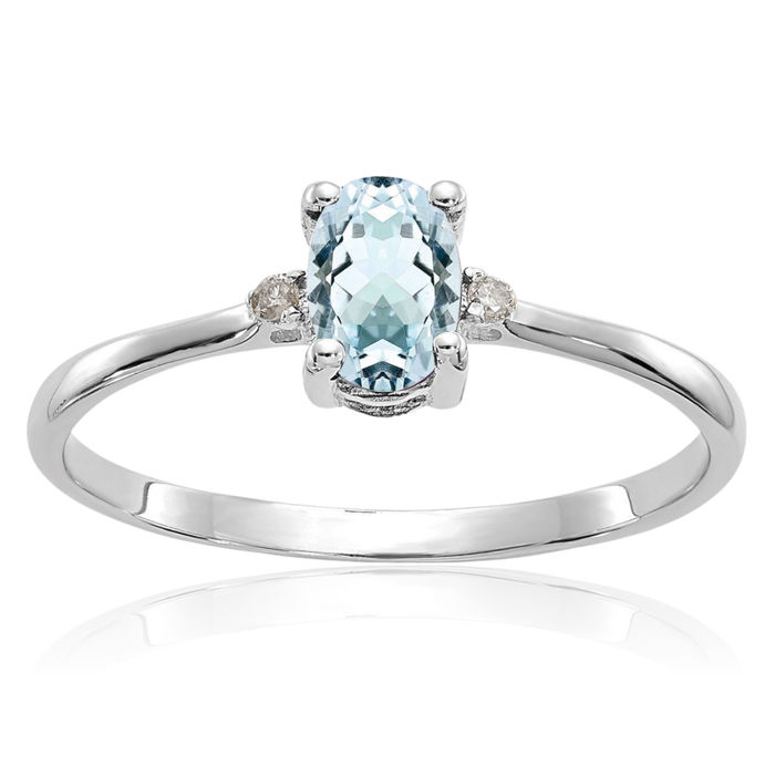 10K Solid White Gold Diamond Blue Aquamarine Ring Gemstone Band March Birthstone Jewelry