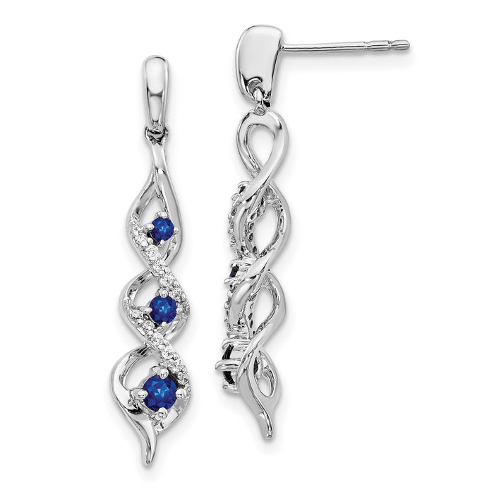 10K Solid White Gold Diamond Blue Sapphire 3 Stone Post Drop Dangle Earrings Gemstone Push Back September Birthstone Jewelry