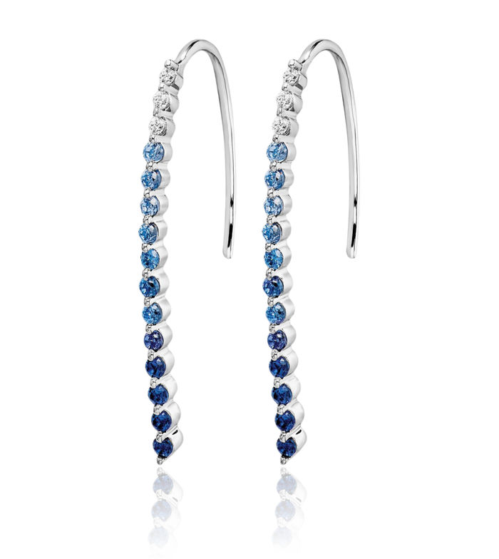 14K Solid White Gold Diamond Blue Sapphire Drop Dangle Earrings Gemstone Threader