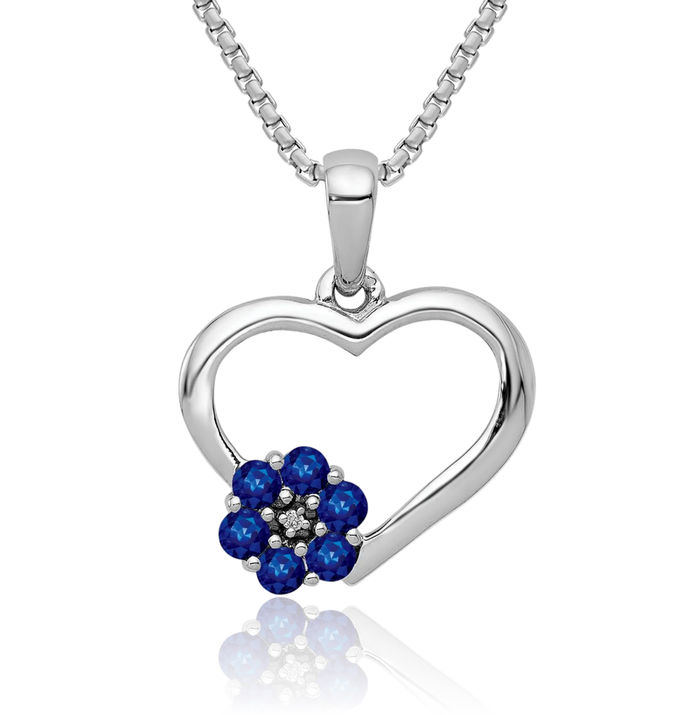 10K Solid White Gold Diamond Blue Sapphire Heart Flower Necklace Charm Gemstone Pendant