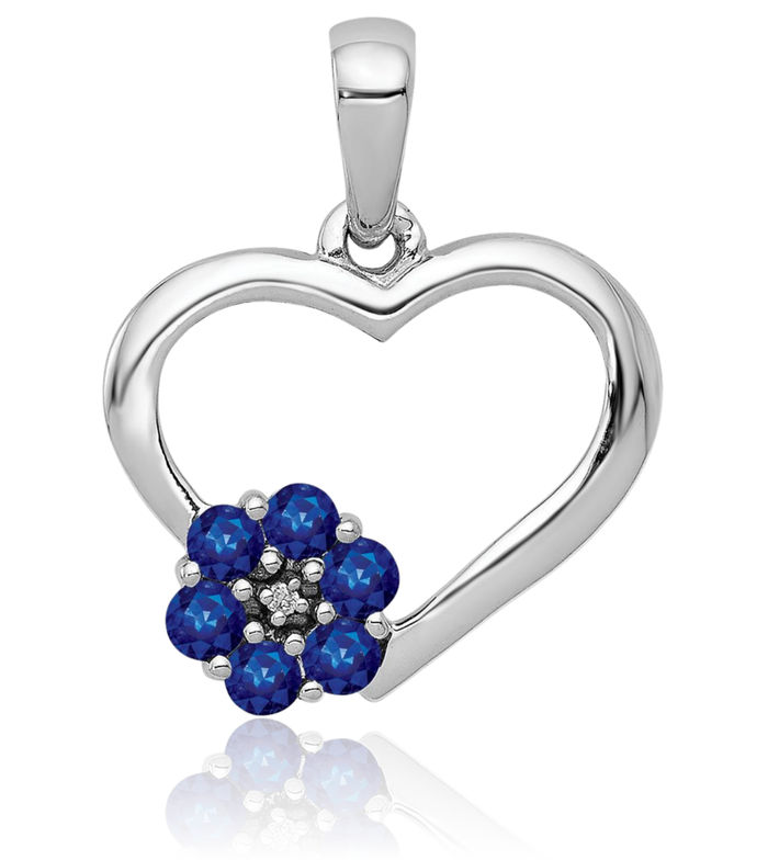 10K Solid White Gold Diamond Blue Sapphire Heart Flower Necklace Charm Gemstone Pendant