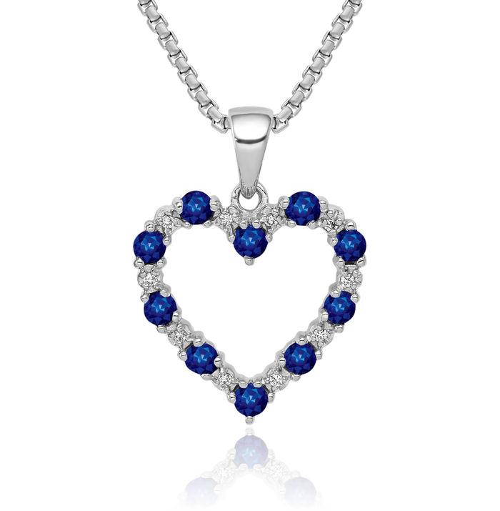 10K Solid White Gold Diamond Blue Sapphire Heart Necklace Charm Gemstone Pendant