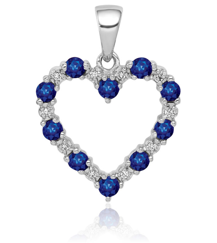 10K Solid White Gold Diamond Blue Sapphire Heart Necklace Charm Gemstone Pendant