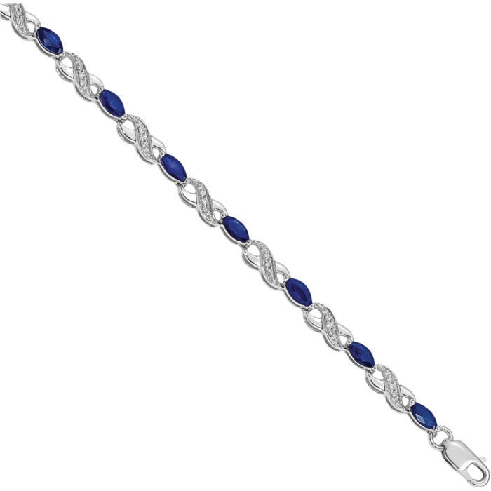 10K Solid White Gold Diamond Blue Sapphire Infinity Twisted Love Knot Symbol Chain Bracelet