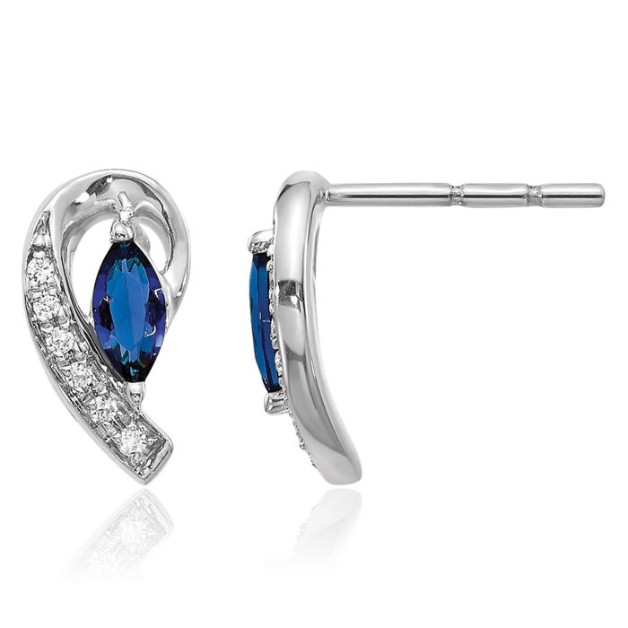 10K Solid White Gold Diamond Blue Sapphire Studs Gemstone Earrings September Birthstone Jewelry