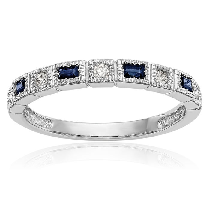 10K Solid White Gold Diamond Blue Sapphire Wedding Band Ring Gemstone