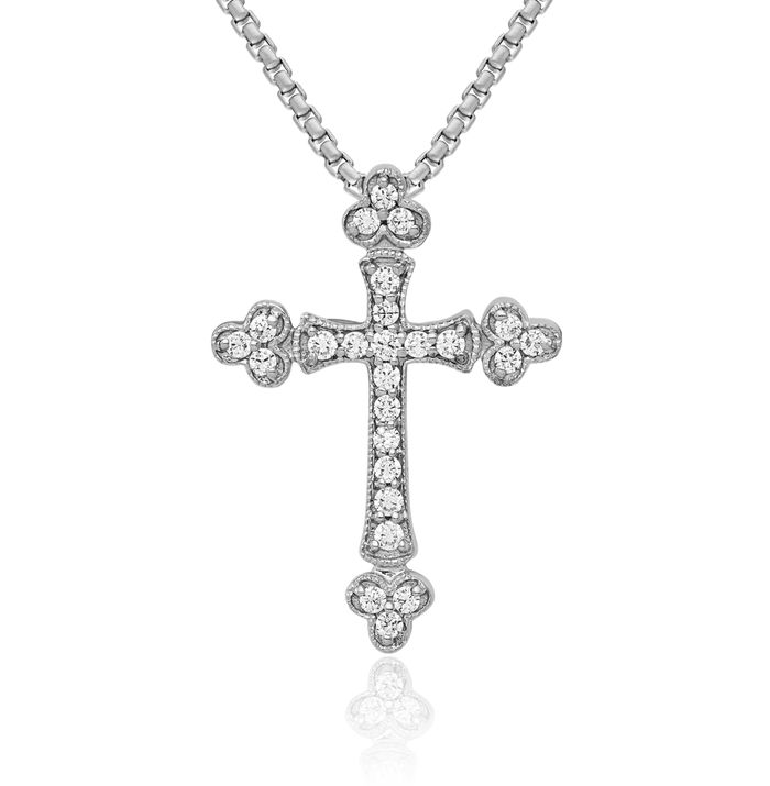 10K Solid White Gold Diamond Budded Holy Cross Floating Chain Slide Pendant Necklace Religious Jesus Christ Christian Charm