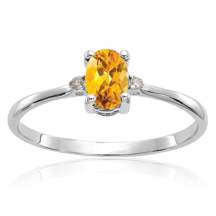 10K Solid White Gold Diamond Yellow Orange Citrine Ring Gemstone Band April November Birthstone Jewelry