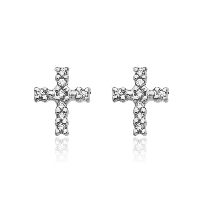10K Solid White Gold Diamond Holy Cross Drop Dangle Christian Religious Stud Earrings