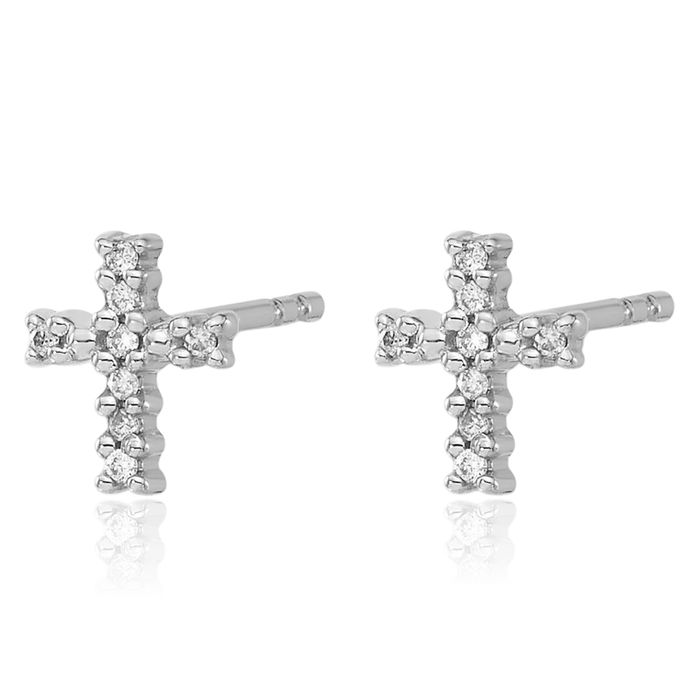 10K Solid White Gold Diamond Holy Cross Drop Dangle Christian Religious Stud Earrings