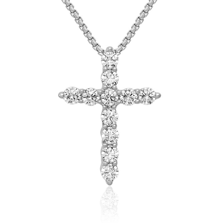 10K Solid White Gold Diamond Holy Cross Floating Chain Slide Pendant Necklace Religious Jesus Christ Charm