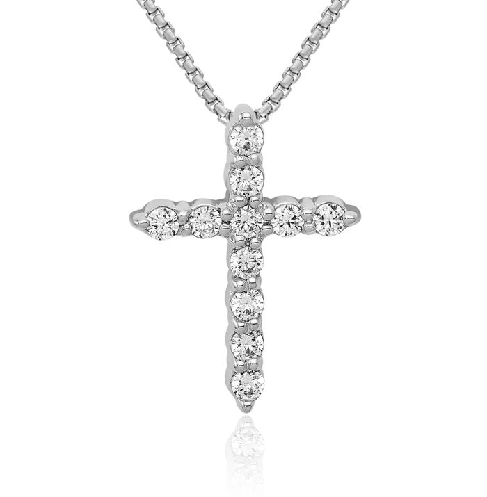 10K Solid White Gold Diamond Holy Cross Floating Chain Slide Pendant Necklace Religious Jesus Christ Charm