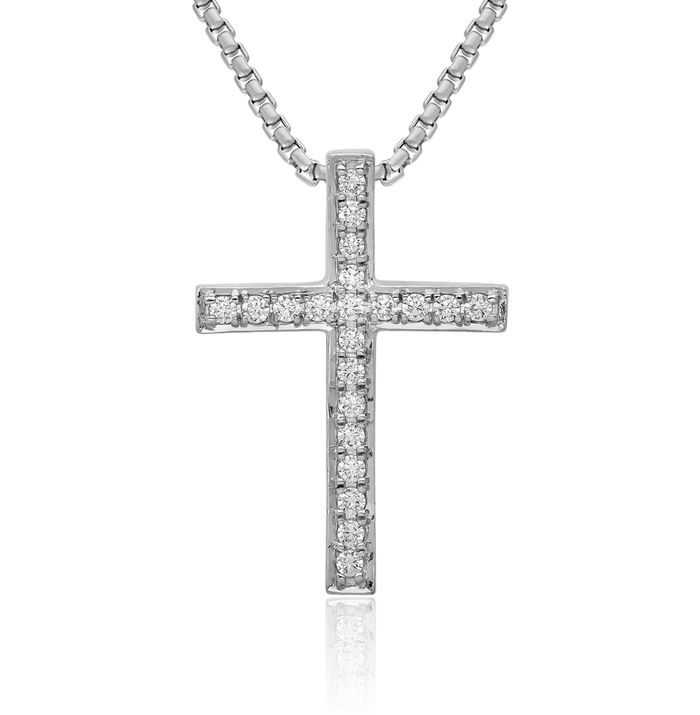 10K Solid White Gold Diamond Holy Cross Floating Chain Slide Pendant Necklace Religious Jesus Christ Charm