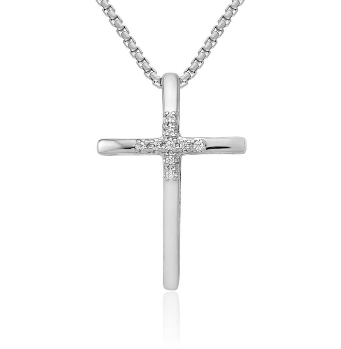 10K Solid White Gold Diamond Holy Cross Floating Chain Slide Pendant Necklace Religious Jesus Christ Charm