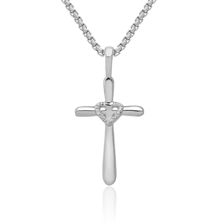 10K Solid White Gold Diamond Holy Cross Heart Necklace Religious Chain Pendant Jesus Christ Charm