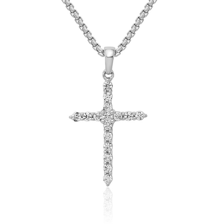 10K Solid White Gold Diamond Holy Cross Necklace Religious Chain Pendant Jesus Christ Charm