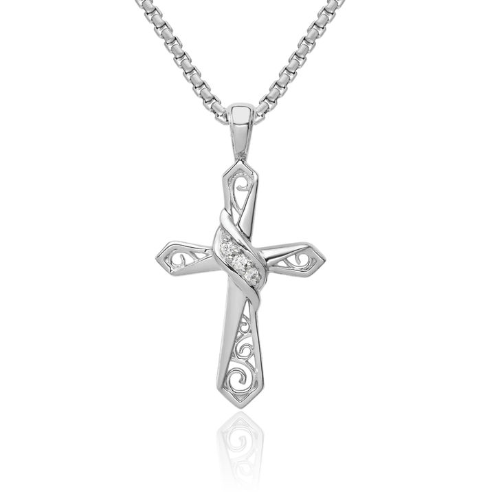 10K Solid White Gold Diamond Holy Cross Necklace Religious Chain Pendant Jesus Christ Charm