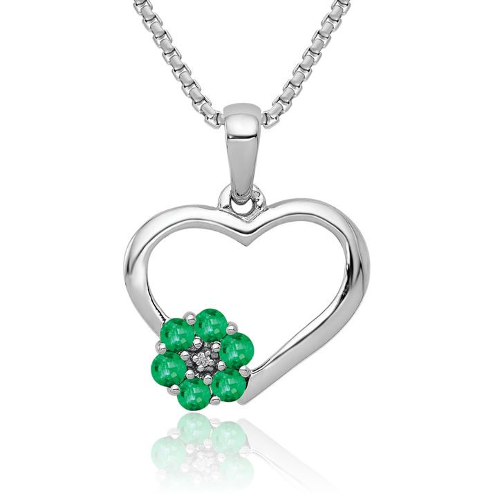 10K Solid White Gold Diamond Green Emerald Heart Flower Necklace Charm Gemstone Pendant