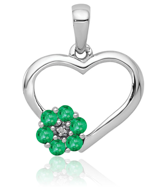 10K Solid White Gold Diamond Green Emerald Heart Flower Necklace Charm Gemstone Pendant