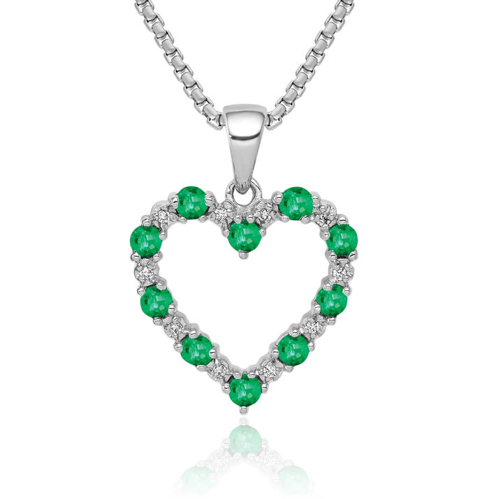 10K Solid White Gold Diamond Green Emerald Heart Necklace Charm Gemstone Pendant