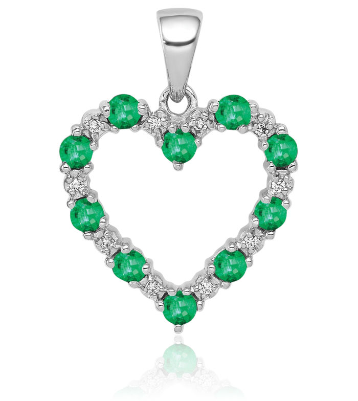 10K Solid White Gold Diamond Green Emerald Heart Necklace Charm Gemstone Pendant