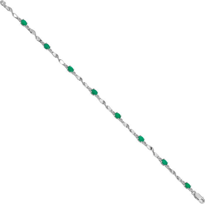 10K Solid White Gold Diamond Green Emerald Chain Gemstone Tennis Bracelet