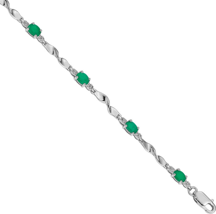 10K Solid White Gold Diamond Green Emerald Chain Gemstone Tennis Bracelet