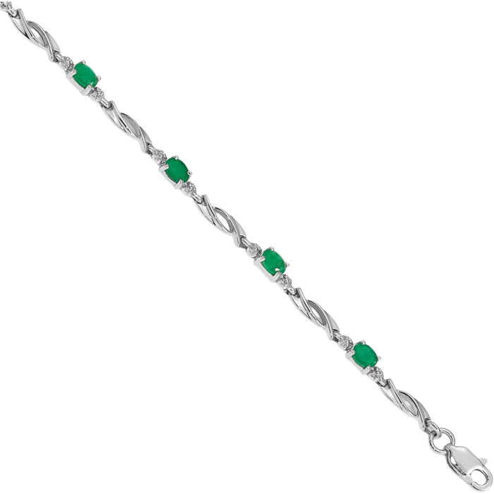 10K Solid White Gold Diamond Green Emerald Chain Gemstone Tennis Bracelet