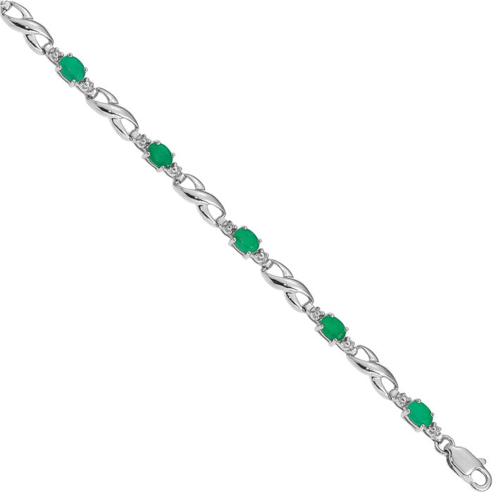 10K Solid White Gold Diamond Green Emerald Chain Gemstone Tennis Bracelet