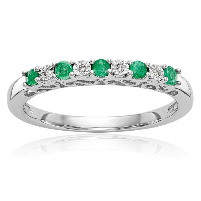 10K Solid White Gold Diamond Green Emerald Wedding Band Ring Gemstone