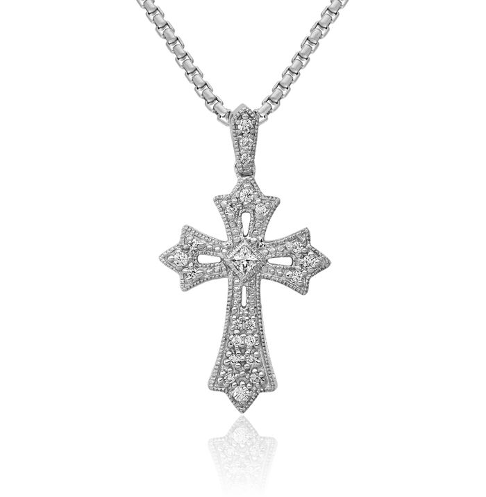 10K Solid White Gold Diamond French Fleur De Lis Lily Flower Holy Cross Necklace Religious Chain Pendant Jesus Christ Charm