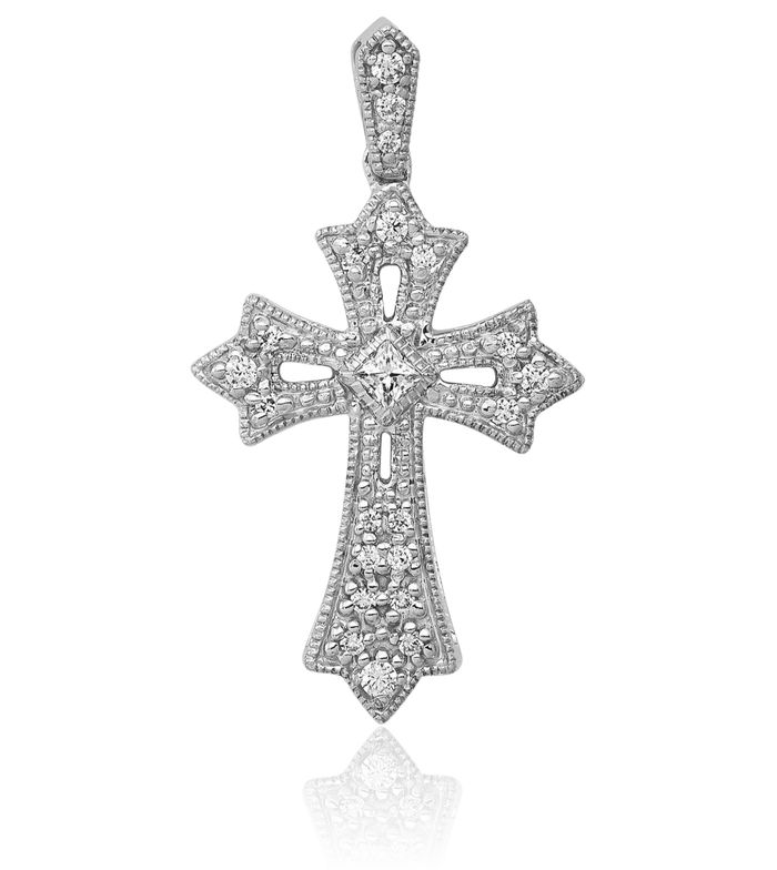 10K Solid White Gold Diamond French Fleur De Lis Lily Flower Holy Cross Necklace Religious Chain Pendant Jesus Christ Charm