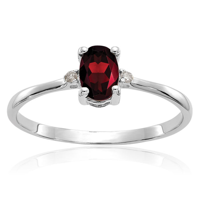 10K Solid White Gold Diamond Red Garnet Ring Gemstone Band April January Birthstone Jewelry