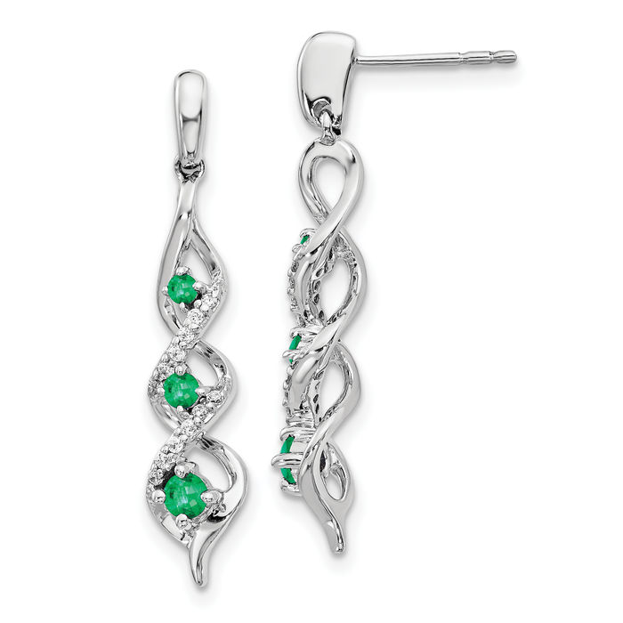 10K Solid White Gold Diamond Green Emerald 3 Stone Post Drop Dangle Earrings Gemstone Push Back May Birthstone Jewelry