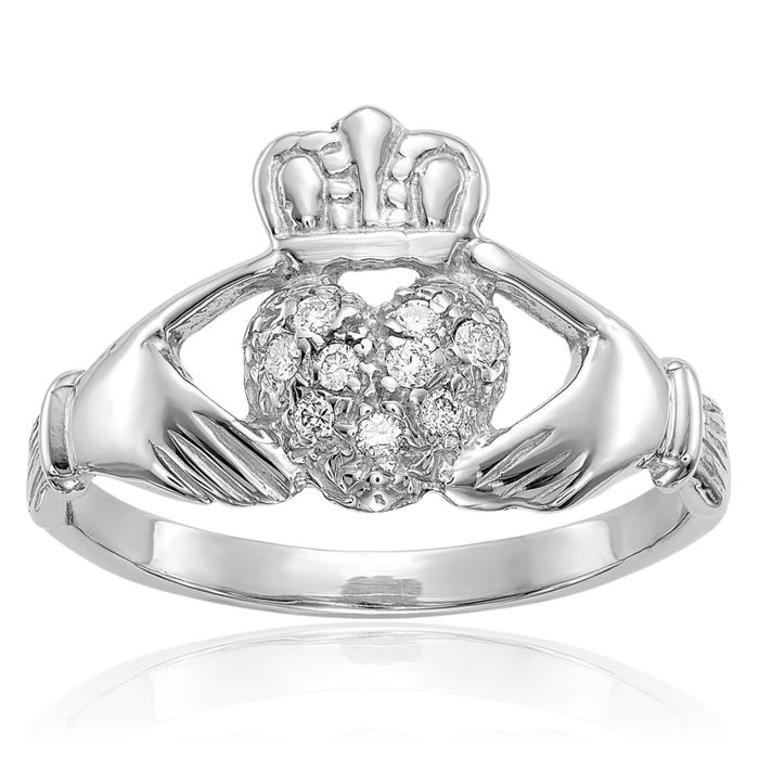 10K Solid White Gold Diamond Heart Irish Claddagh Celtic Ring Jewelry