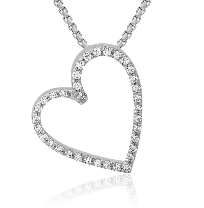 10K Solid White Gold Diamond Vintage Heart Floating Chain Slide Pendant Necklace Charm