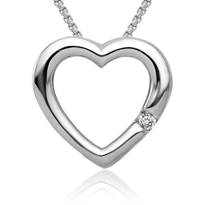 10K Solid White Gold Diamond Heart Floating Chain Slide Pendant Necklace Charm